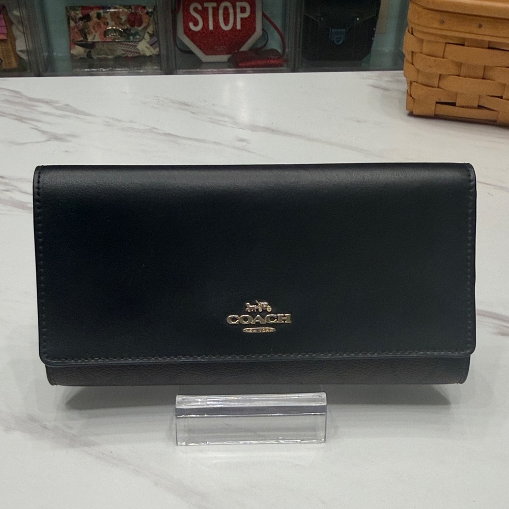 Coach Black Leather Folded Continental Wallet with Gold Logo